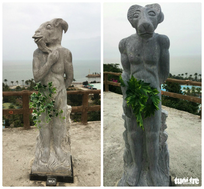 Tượng 12 con giáp được che bằng lá cây, chùm nho thay quần, váy